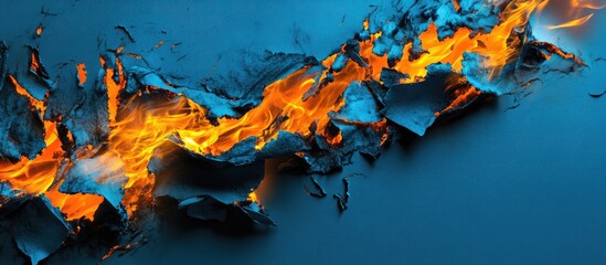 Tattered burning paper displaying vibrant orange and yellow flames against a smooth blue background with a chaotic torn effect.