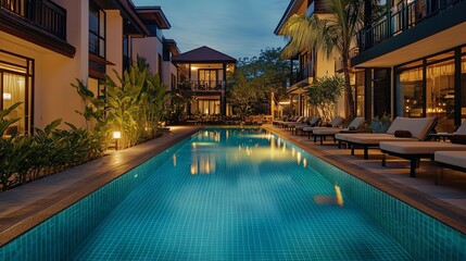 Obraz premium Serene Twilight Poolside: Resort's Tranquil Evening Scene