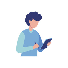 Person taking notes on tablet in office flat color vector design