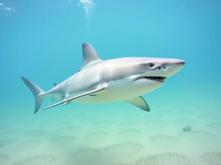 Fototapeta premium Great White Shark Swimming Over a Sandy Ocean Floor Surrounded by Bubbles