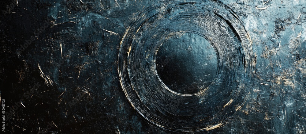 Poster dark textured background with a prominent circular film design in the center featuring deep blues an