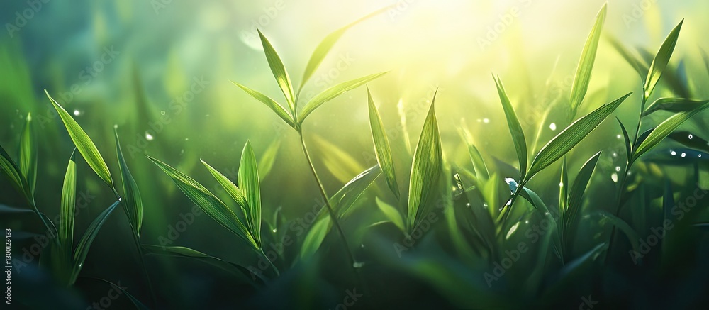 Aufkleber Lush green grass with dew drops illuminated by soft sunlight in a serene, blurred background evoking a tranquil nature setting.