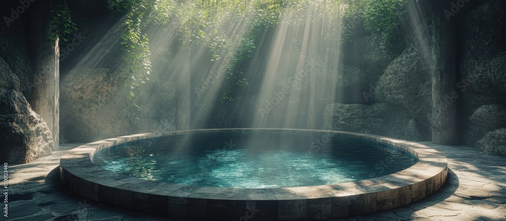 Poster serene circular stone pool surrounded by lush foliage and illuminated by gentle rays of sunlight fil