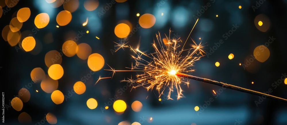 Poster vibrant golden sparks and blurred bokeh lights on a dark background with a glowing sparkler create a