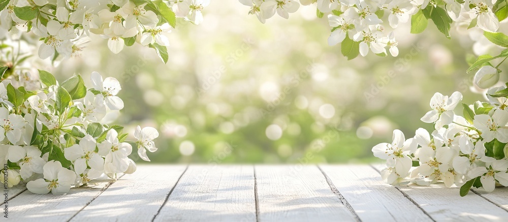 Aufkleber spring scene with white apple blossoms framing a blurred garden background and a rustic white wooden