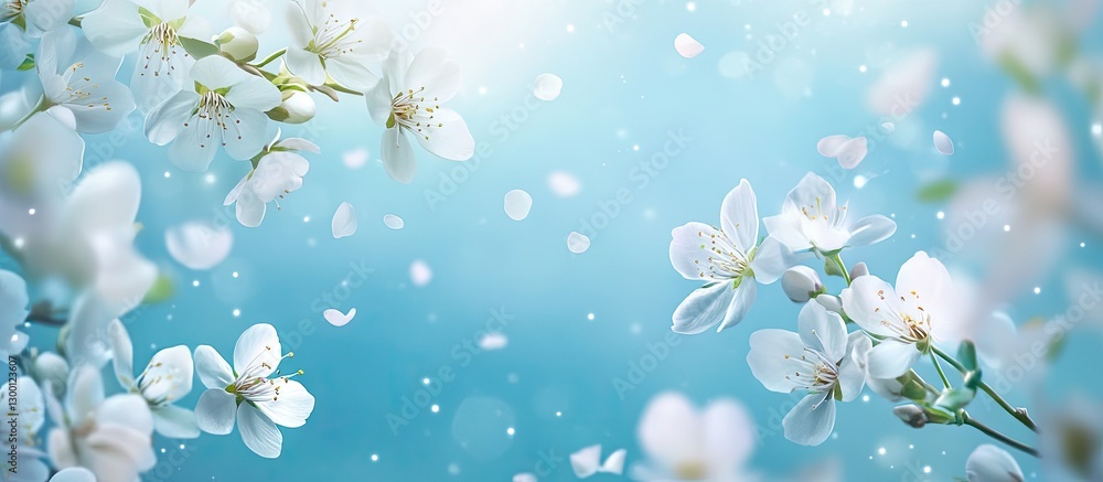 Poster Delicate white flowering branches frame a serene blue background, creating a spring border with soft blooms and gentle light, ideal for seasonal themes.