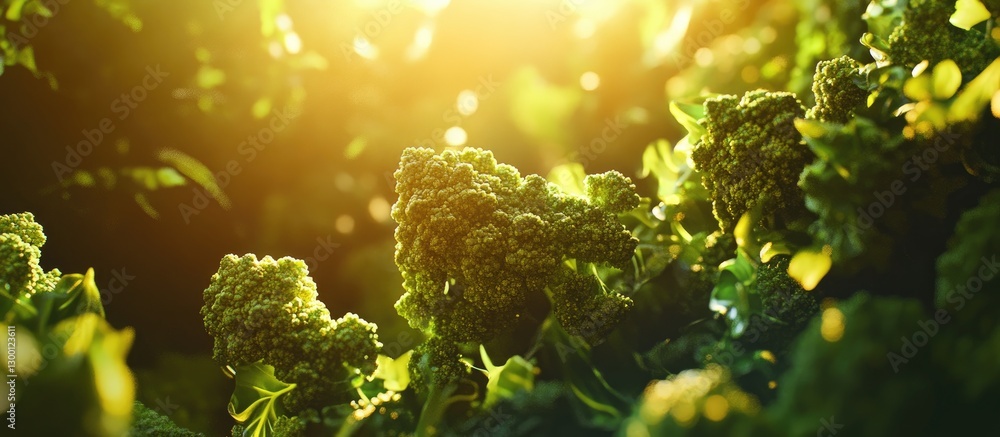 Poster vibrant green broccoli illuminated by warm sunlight creating a fresh and lush atmosphere with glowin