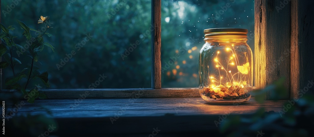 Aufkleber warm fairy lights glowing in a glass jar on a wooden windowsill surrounded by greenery at night crea