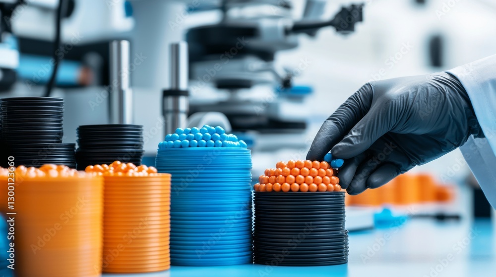 Poster stacking colorful spheres in a laboratory during a product development session