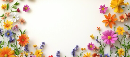 Obraz premium Colorful summer wildflowers in vibrant hues of purple, pink, orange, and white arranged elegantly on a clean white paper background.