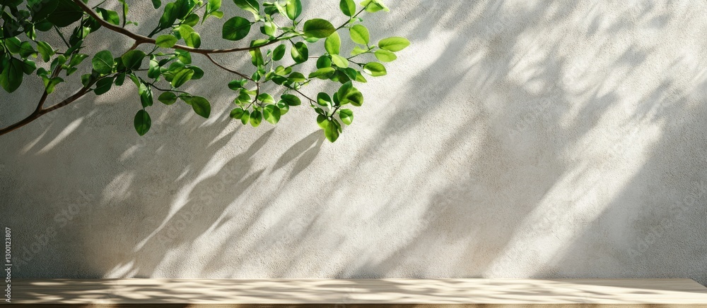 Poster spring sunlight casting delicate shadows of green leaves on a textured white marble wall with a warm