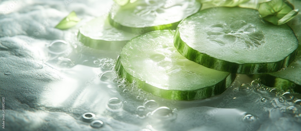Aufkleber freshly sliced cucumbers with vibrant green edges on a reflective white surface, illuminated by natu