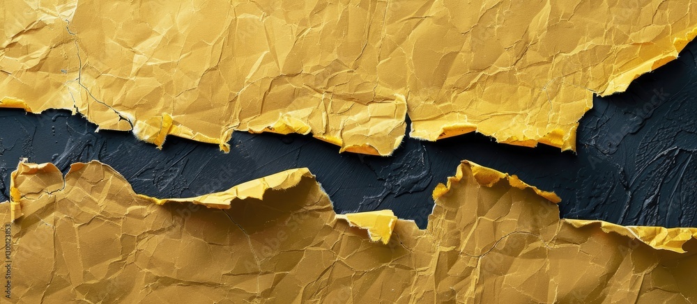 Poster crumpled yellow paper scrap with jagged edges positioned at the top left on a solid black background
