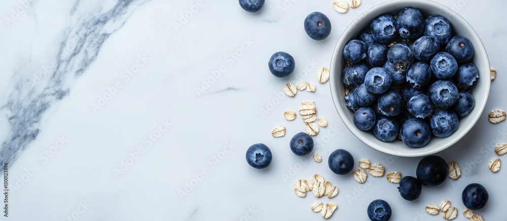 Aufkleber blueberries in a white bowl surrounded by oats on a white marble background with scattered blueberri