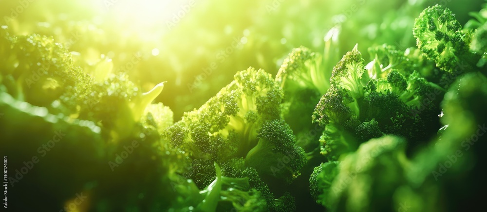 Poster vibrant green broccoli illuminated by warm sunlight showcasing freshness and lush textures with a so