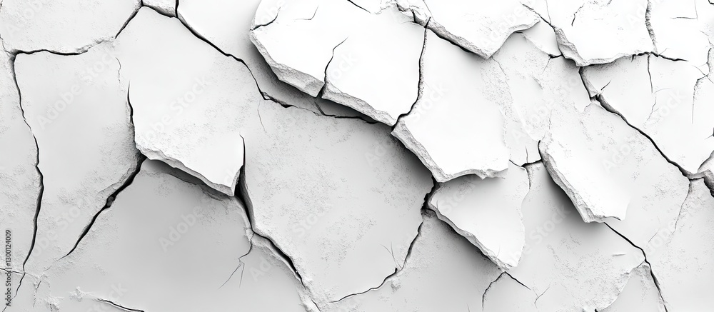Poster Cracked white plaster texture with uneven surfaces and deep fissures against a clean white background creating a stark minimalist appearance.