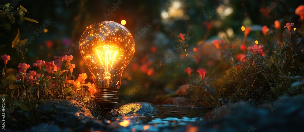 Poster luminous light bulb amidst vibrant flowers in a serene landscape creating an enchanting otherworldly