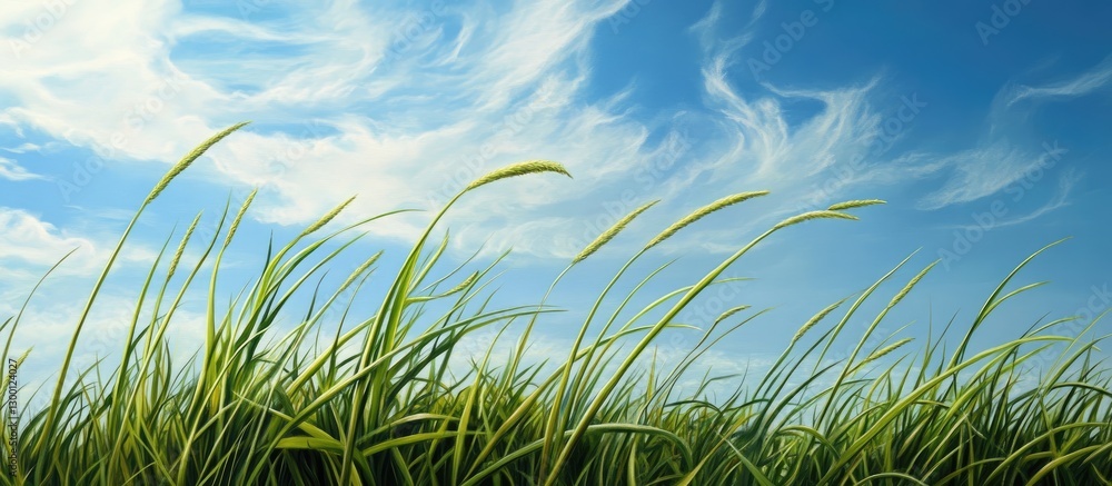 Poster graceful tall grass sways gently against a clear blue sky with wispy white clouds creating a serene 
