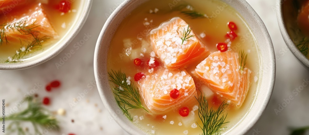 Aufkleber creamy finnish salmon soup in white bowl with salmon pieces red pepper and dill on light background 