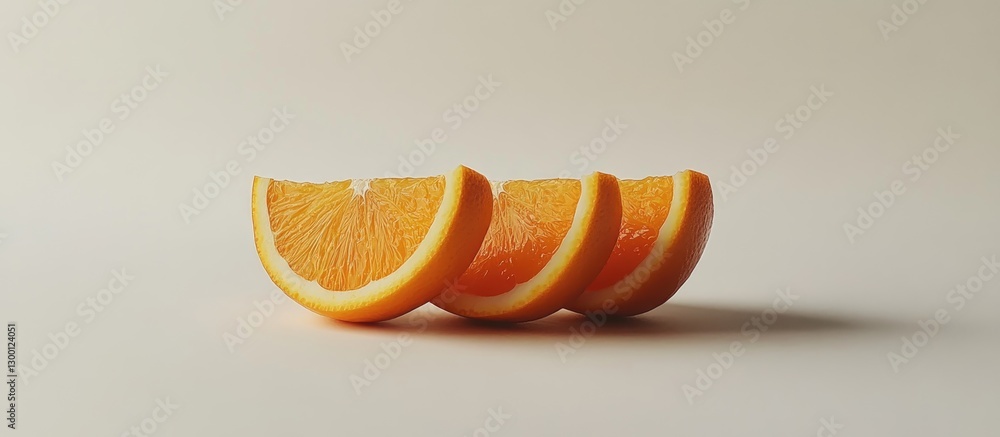 Poster Vivid orange slices arranged in a line on a smooth white background showcasing bright colors and clean composition enhancing freshness and simplicity