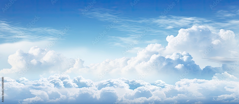 Poster vibrant blue sky with fluffy white clouds occupying the upper third, creating serene and expansive c