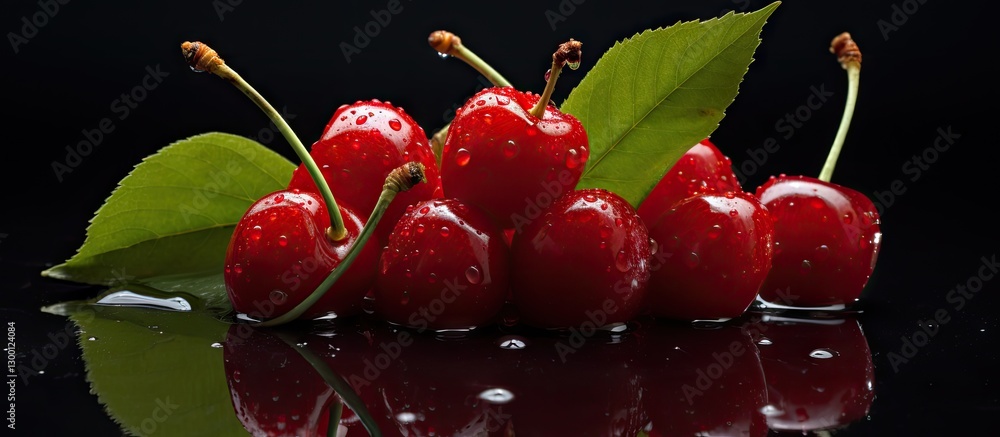 Poster vibrant red sour cherries with green leaves reflected on a black glossy surface showcasing their glo