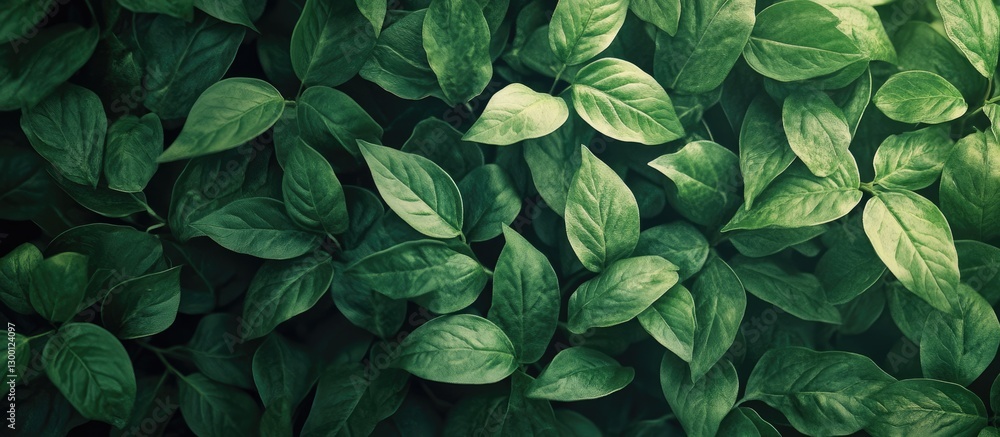 Poster Lush green leaves texture background with varying shades of green, densely packed in a top-down view, creating a vibrant spring atmosphere.