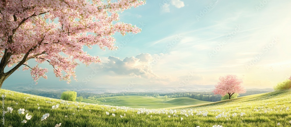 Poster spring landscape with gentle pastel colors features blooming cherry trees on the left, a grassy hill