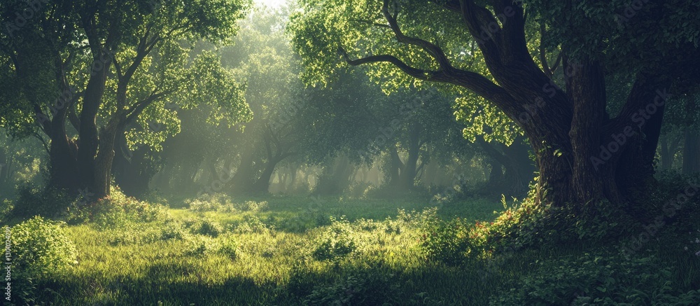 Poster Serene spring forest scene with lush green trees and dappled sunlight filtering through the canopy, creating a tranquil natural backdrop.