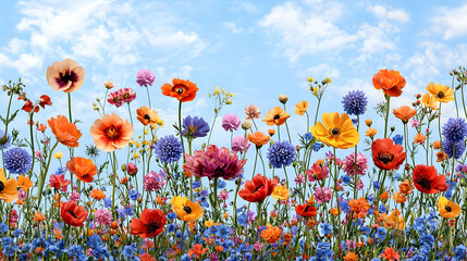 Fototapeta premium Vibrant Field of Colorful Wildflowers Blooming Under a Bright Blue Sky