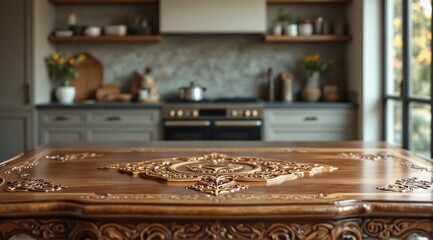 A clean-lined wooden kitchen table is sharply focused in the foreground, with a modern minimalist kitchen faintly visible in the background.