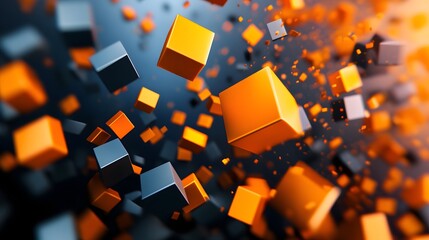 Abstract Orange Background with 3D Cubes and Squares 