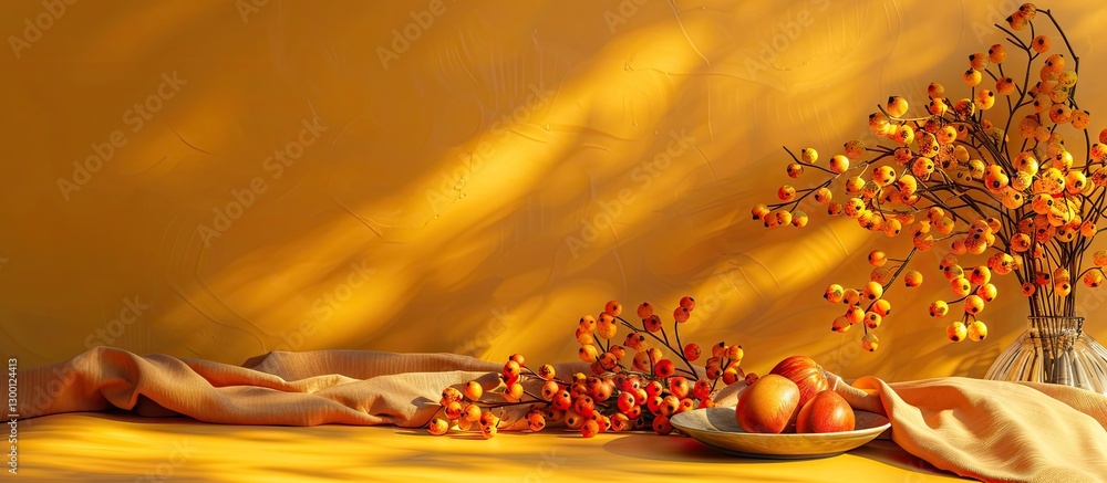 Aufkleber Autumn table setting with sea buckthorn and orange fruits on soft yellow fabric creating a warm atmosphere with ample copy space in background