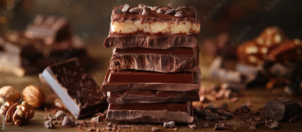 Poster delicious stacked layers of dark chocolate and creamy filling featuring various textures set against