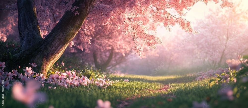 Poster serene spring landscape featuring pink cherry blossoms on trees with warm sunlight filtering through