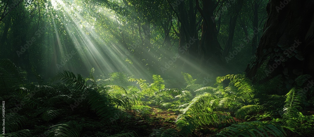 Poster sunlight filtering through dense beech trees in a lush green forest illuminating vibrant ferns on th