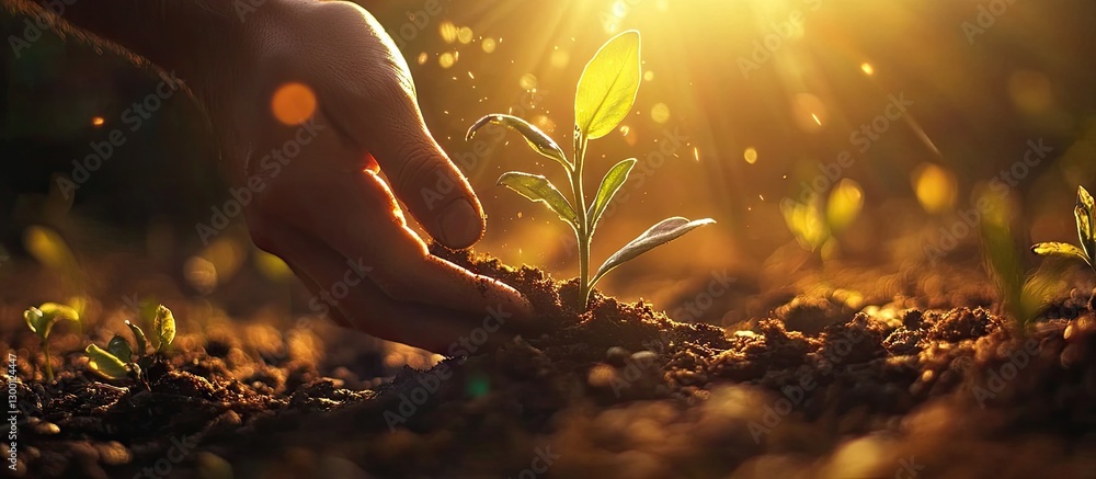 Poster hands planting a young green tree in rich brown soil with sunlight and golden flare effects illumina