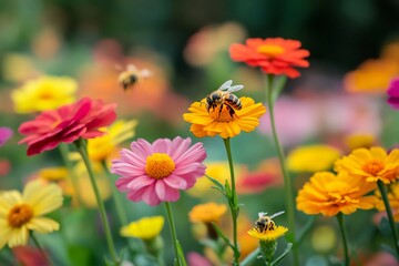Vibrant Colorful Flower Meadow with Busy Honeybees Pollinating
