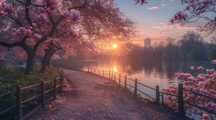Obraz premium Spring sunrise park path with magnolia trees and pond
