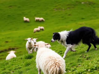 Obraz premium Border Collie Dog Working in the Countryside, Herding Sheep on Lush Green Hills