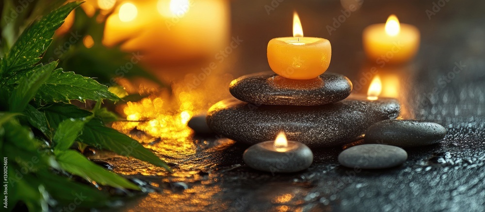 Aufkleber zen stones arranged on a dark wet surface with green leaves in the background illuminated by warm or