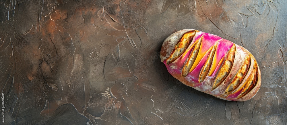 Poster artisan sourdough bread loaf with bright pink and yellow hues on a rustic brown textured surface wit