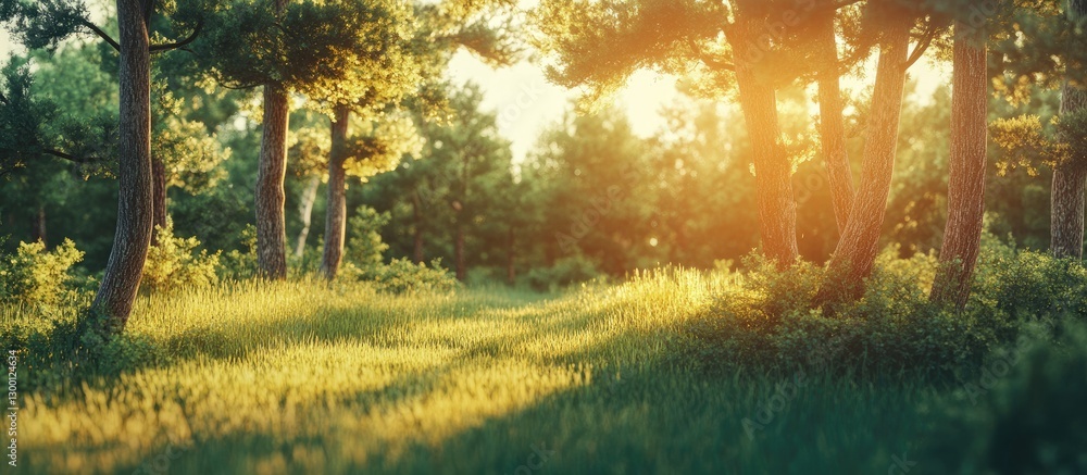 Aufkleber tranquil summer forest scene highlighting tall green trees and sunlit grass with golden sunlight fil