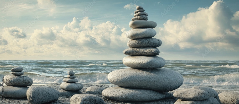 Poster Balanced stone tower on shoreline with gentle waves and cloudy sky in soft blue and gray tones creating a serene coastal atmosphere.