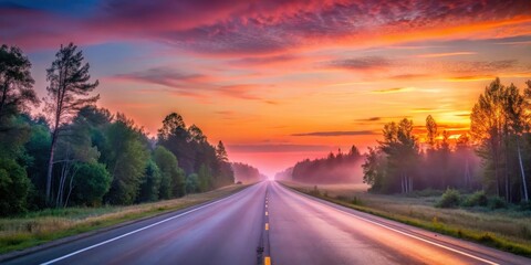 Naklejka premium A serene highway at dawn with soft pink and orange hues illuminating the horizon as a gentle sunrise breaks through the trees
