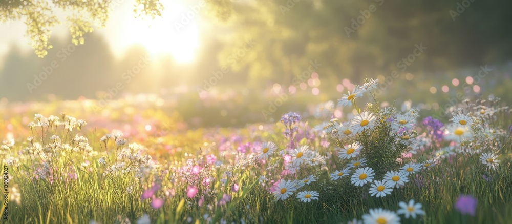 Poster sunlit flower meadow with vibrant wildflowers in soft focus foreground and warm sunlight filtering t