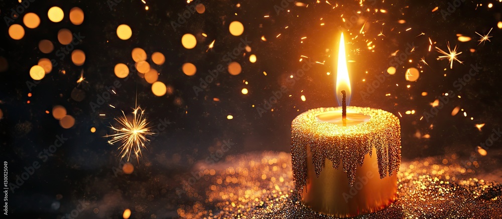 Poster golden birthday candle illuminated against a dark backdrop, surrounded by shimmering sparkler effect