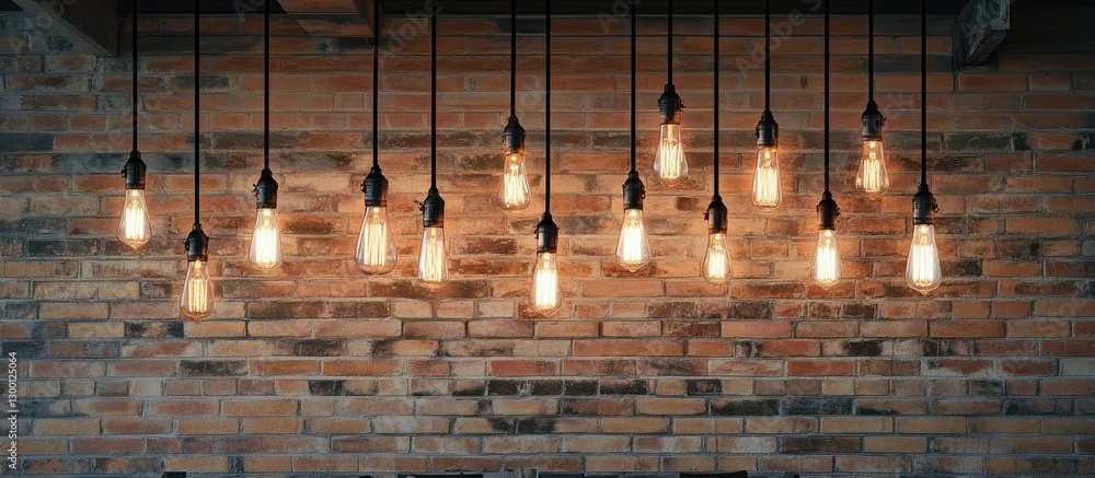 Aufkleber elegant pendant lights hang from a rustic ceiling above a modern dining area with exposed brick wall