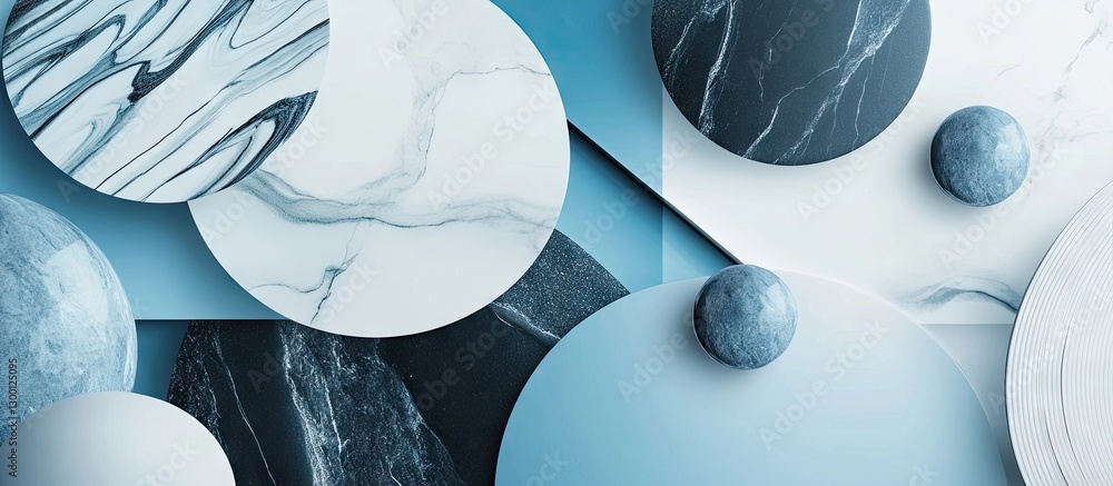 Aufkleber blue and white abstract composition featuring geometric marble patterns and circles, arranged in a s