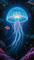 Colorful glowing jellyfish floating in a starry night sky for phone wallpaper
